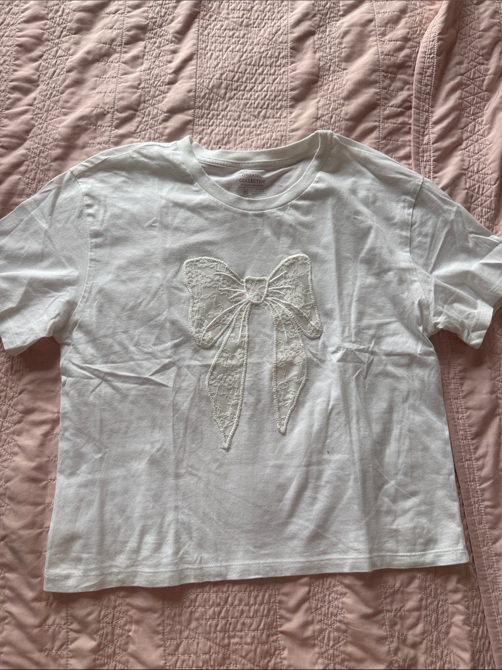 Girls' White Short-Sleeve Tee with Lace Bow Detail